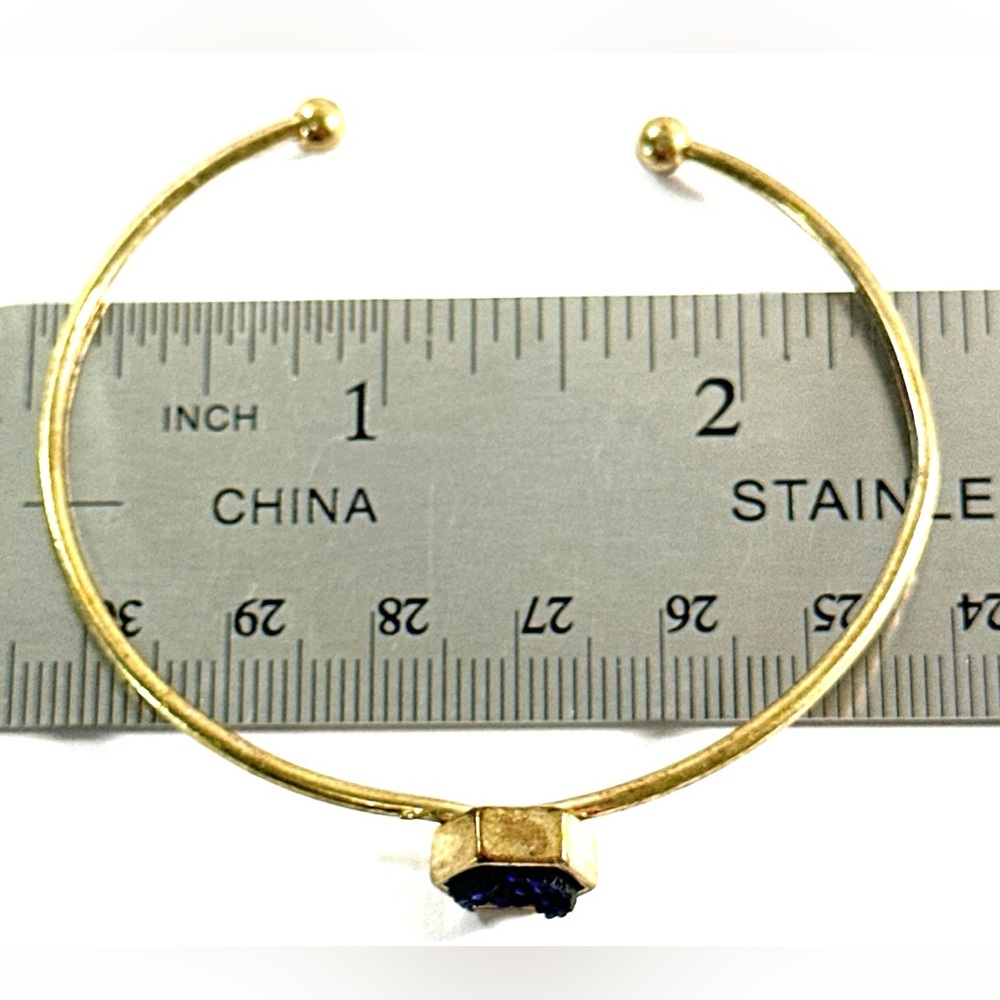 Brass Tone Bangle Bracelet W/Blue Drusy Quartz Stone Adjustable - Picture 4 of 6